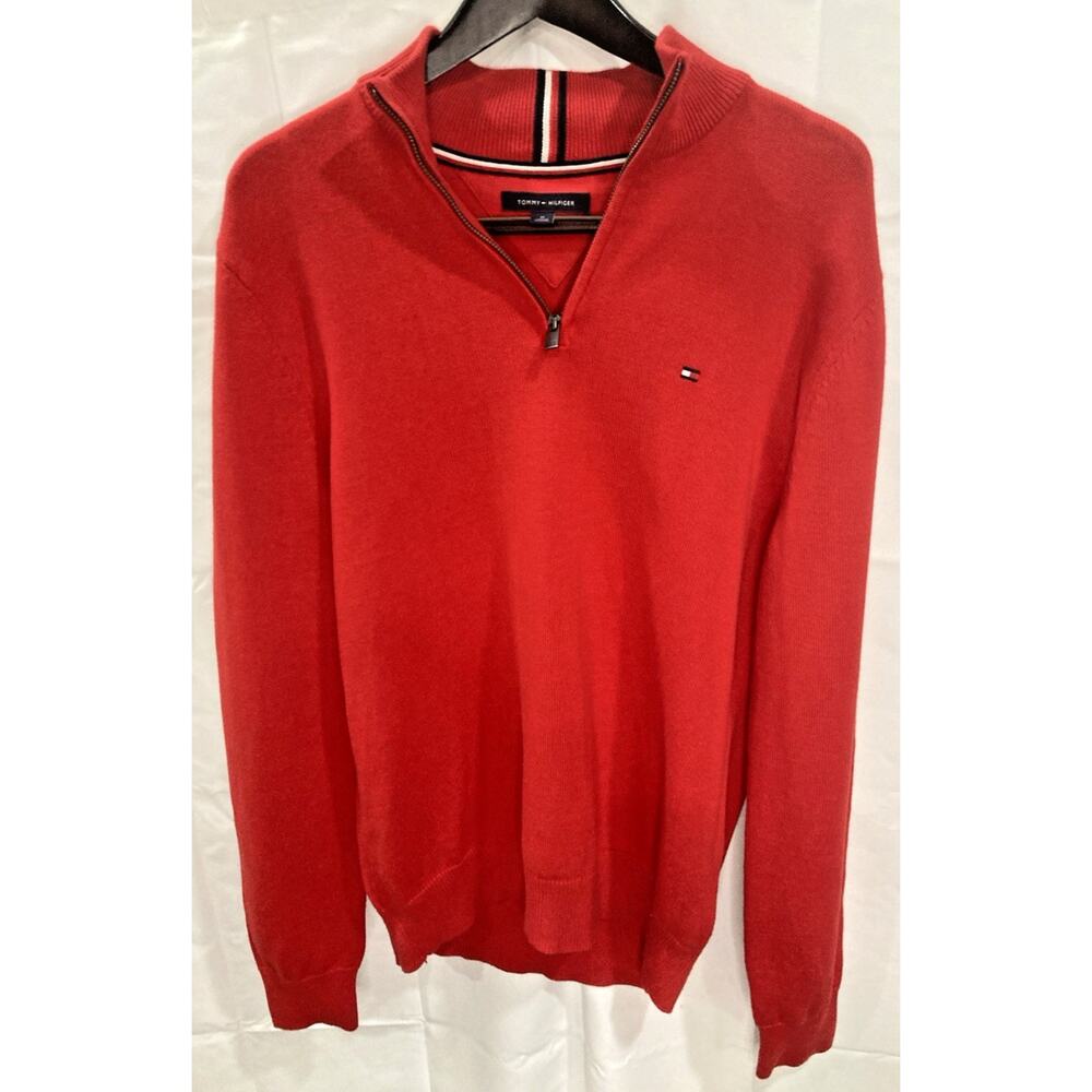 Tommy Hilfiger 1/4 Zip Sweater Mens Medium Red Knit Pullover Logo Racing Stripe
